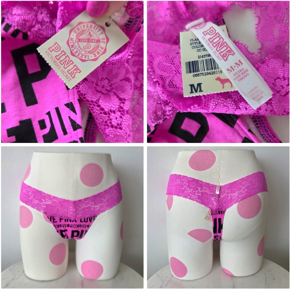 Victoria's Secret PINK VTG Extra Low Rise Graphic Lace Thong Panty NWT Y2K HTF
